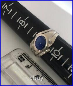 Vintage Mens Solid 14kt White Gold Star Blue Sapphire & Diamond Ring Size 9.5