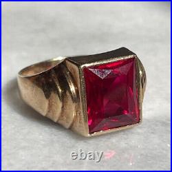 Vintage Mens Yellow Gold Lab-created Ruby Signet Ring Size 10.5 Sky