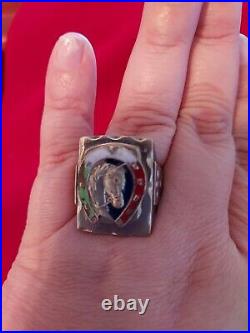 Vintage Mexican Biker Ring Horseshoe w Horse Head Size 10 Mexico Sterling