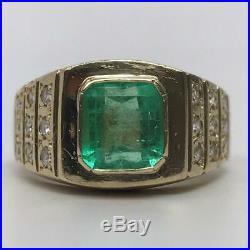 Vintage Mid Century Chunky Mens Unisex 1ct Emerald Diamond 18K Gold Ring Sz 8.25