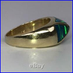 Vintage Mid Century Modern Chunky Mens Unisex Opal Inlay 14K Gold Ring Size 8.25