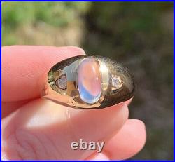 Vintage Moonstone and Diamond Three Stone Mens Ring In 14k Yellow Gold Size 9