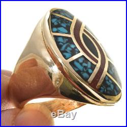 Vintage Native American 14K Gold Turquoise & Coral Inlaid Pattern Mens Ring 70s