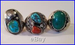 Vintage Native American Sterling Silver Mens Ring Lot Turquoise and Coral
