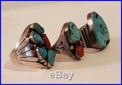 Vintage Native American Sterling Silver Turquoise, Coral Mens Ring Lot