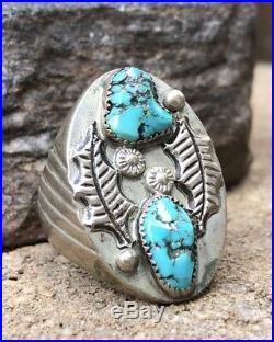 Vintage Navajo Native American Kingman Turquoise Sterling Silver Leaf Men's Ring