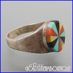 Vintage Navajo Signed Jl Sterling Silver Multi Gemstone Mosaic Inlay Men's Ring