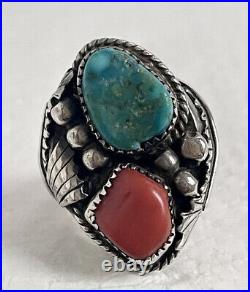 Vintage Navajo sterling silver mens turquoise & coral ring signed PB size 10.5