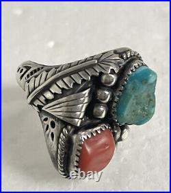Vintage Navajo sterling silver mens turquoise & coral ring signed PB size 10.5