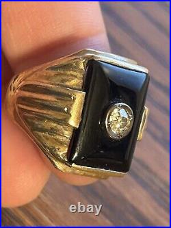 Vintage Nice Men's 10k Gold And Onyx Ring With Diamond And Free Shipping