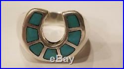 Vintage OLD PAWN NAVAJO HEAVY STERLING Men's UNISEX HORSESHOE TURQUOISE RING