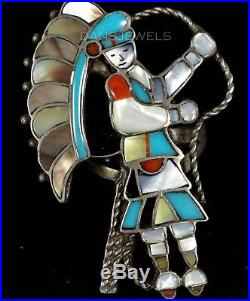 Vintage Old Pawn 80s Kachina Hoop Dancer Sterling Turquoise Inlay Mens Ring