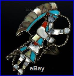 Vintage Old Pawn 80s Kachina Hoop Dancer Sterling Turquoise Inlay Mens Ring