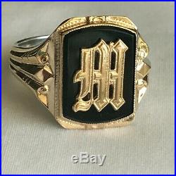 Vintage Ostby Barton 10 k Gold + Sterling Silver Onyx Signet Letter M Mans Ring