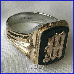 Vintage Ostby Barton 10 k Gold + Sterling Silver Onyx Signet Letter M Mans Ring