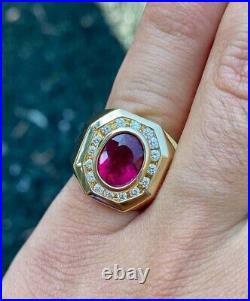 Vintage Oval Simulated Red Garnet Engagement Men's Ring 14K Yellow Gold Plated