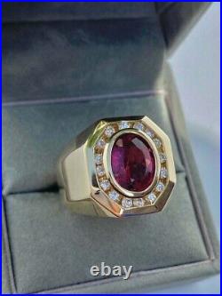 Vintage Oval Simulated Red Garnet Engagement Men's Ring 14K Yellow Gold Plated