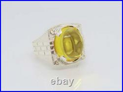 Vintage Real 935 Argentium Silver Light Yellow 32.12CT Cabochon Citrine Men Ring