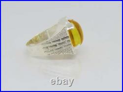 Vintage Real 935 Argentium Silver Light Yellow 32.12CT Cabochon Citrine Men Ring