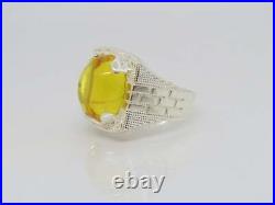 Vintage Real 935 Argentium Silver Light Yellow 32.12CT Cabochon Citrine Men Ring