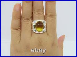 Vintage Real 935 Argentium Silver Light Yellow 32.12CT Cabochon Citrine Men Ring