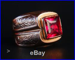 Vintage Retro Men Ring solid 14K Rose Gold Ruby US 9 / 11g