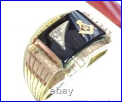 Vintage Ring Gold 10K Diamond Masonic Men's Jewelry Onyx Symbols Rare Old 20th