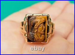 Vintage Roman Soldier Carved Tigers Eye 10K Yellow Gold Mens Ring sz 12-1/4