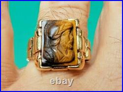 Vintage Roman Soldier Carved Tigers Eye 10K Yellow Gold Mens Ring sz 12-1/4