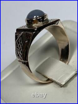 Vintage Rose Gold Mens Ring With Round Gray Star Sapphire Size 9.25 Engraved
