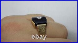 Vintage Signed 10k Gold Black Onyx Diamond Mens Signet Ring