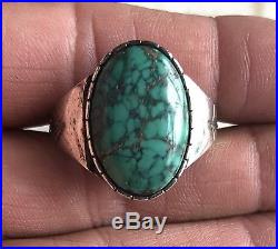 Vintage Signed FG Navajo Morenci Turquoise Men's Sterling Silver Ring Size 12