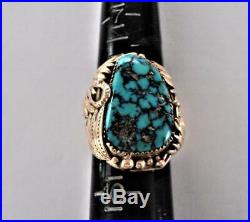 Vintage Signed TT Navajo 14K GOLD & Turquoise Men's Ring Sz 8-1/2 28g