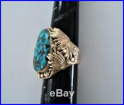 Vintage Signed TT Navajo 14K GOLD & Turquoise Men's Ring Sz 8-1/2 28g