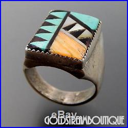 Vintage Signed Zuni Sterling Silver Gemstone Inlay Solid Men's Ring Size 11