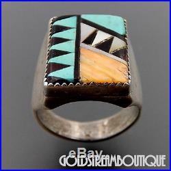Vintage Signed Zuni Sterling Silver Gemstone Inlay Solid Men's Ring Size 11