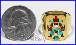 Vintage Signed Zuni Turquoise Coral Knifewing Kachina 14k Gold Mans Ring 10.5