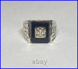 Vintage Silver & 14 Karat White Gold Genuine Black Onyx and Diamond Man's Ring