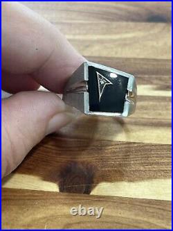 Vintage Silver ART DECO Onyx Diamond Inlay Men's Signet Ring Size 10