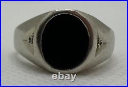 Vintage Solid 10K White Gold Black Onyx and Diamond Signet Ring size 9