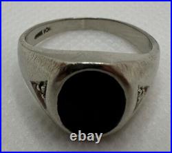 Vintage Solid 10K White Gold Black Onyx and Diamond Signet Ring size 9