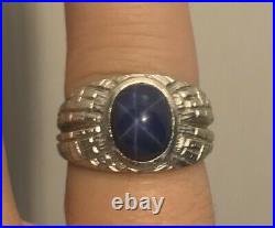 Vintage Solid 10K White Gold Blue Star Sapphire Men's Ring by Dason Size 7.5