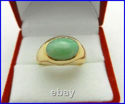 Vintage Solid 14K Gold Mens Pinky Ring with Beautiful Green Oval Jade size 7.5