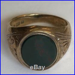 Vintage Solid 9ct Yellow Gold Men's Bloodstone Pinky Signet Ring Size L1/2 1978