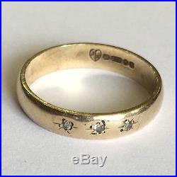 Vintage Solid 9ct Yellow Gold Men's Diamond Gypsy Style Wedding Band Ring Size M