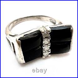 Vintage Solid White Gold Onyx Diamond Women's Men's Pinky Ring Size 3.75, 2.99g