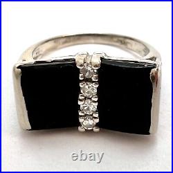 Vintage Solid White Gold Onyx Diamond Women's Men's Pinky Ring Size 3.75, 2.99g