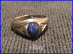 Vintage Star Sapphire 10K Solid White Gold Mens Ring With Natural Diamonds