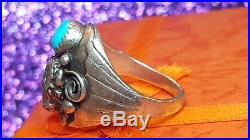 Vintage Sterling Silver Native American Mens Ring Signed DL Turquoise Red Coral