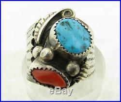 Vintage Sterling Silver Navajo Gallup Turquoise & Coral Heavy Mens Ring Sz 11